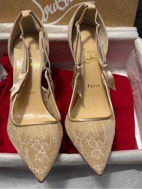 Christian Louboutin Lace Pointed-Toe Ankle Tie Pumps in Beige